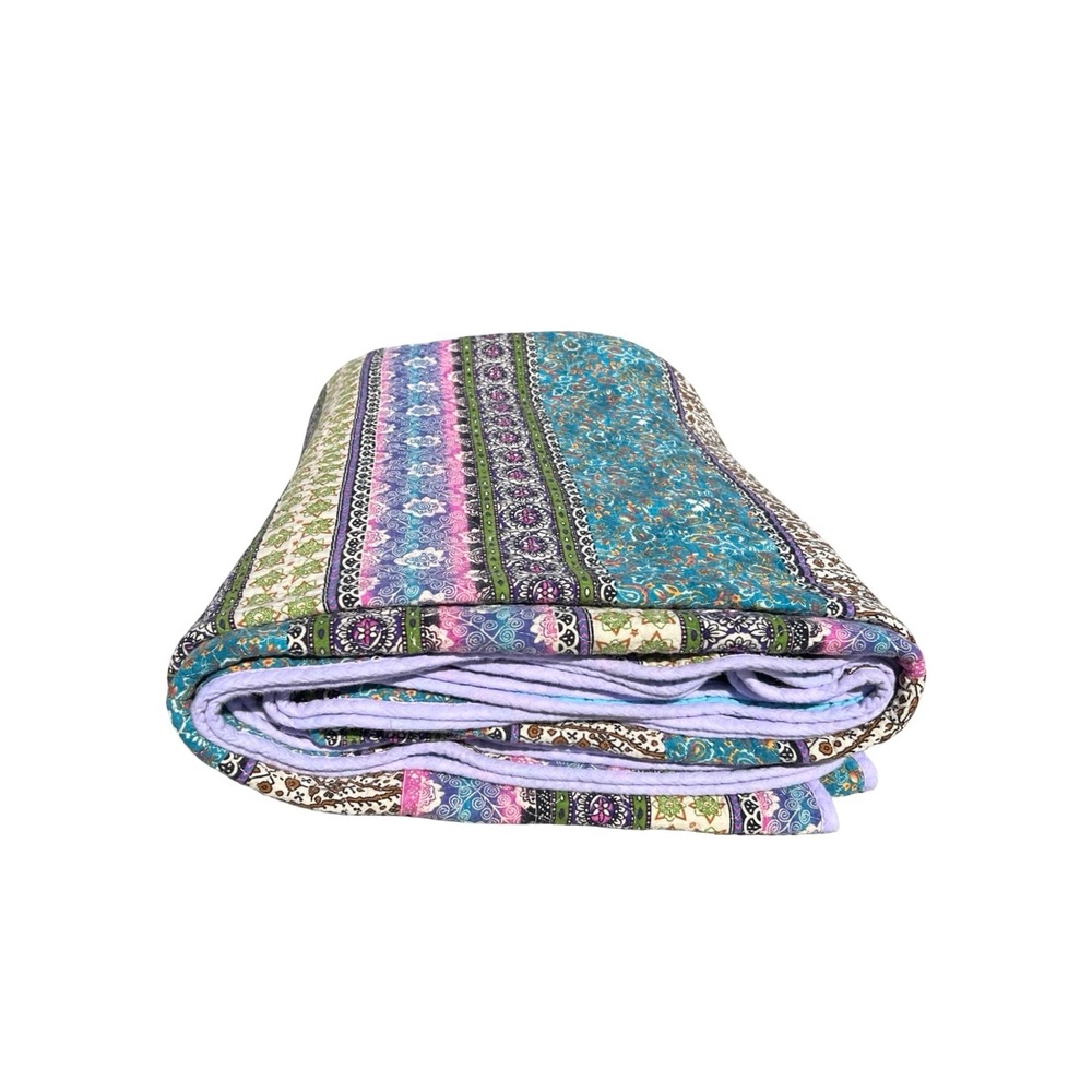 VTG Boho Scalloped Edge Quilt Teal Purple Jewel Floral Paisley Striped 83x98.5"